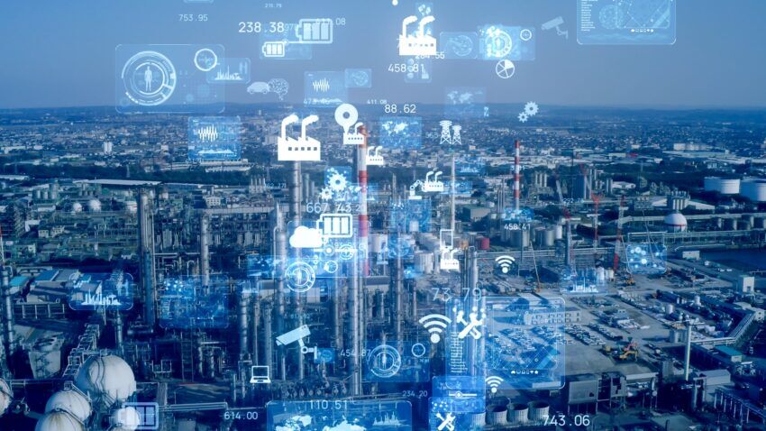 Bird’s eye view of a manufacturing plant using advanced digital technology